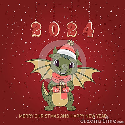 Christmas card with a cute green dragon symbol of 2024. Funny green dragon with a gift. Merry Christmas and Happy New Vector Illustration