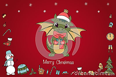 Christmas card with a cute green dragon symbol of 2024. Funny green dragon with a gift. Merry Christmas and Happy New Vector Illustration