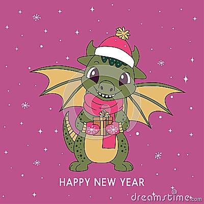 Christmas card with a cute green dragon symbol of 2024. Funny green dragon with a gift. Merry Christmas and Happy New Cartoon Illustration