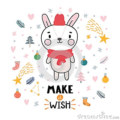 Christmas card with cute little bunny. Funny winter animals, cartoon character. Inspiration phrase Make a wish. Hand drawn Vector Illustration