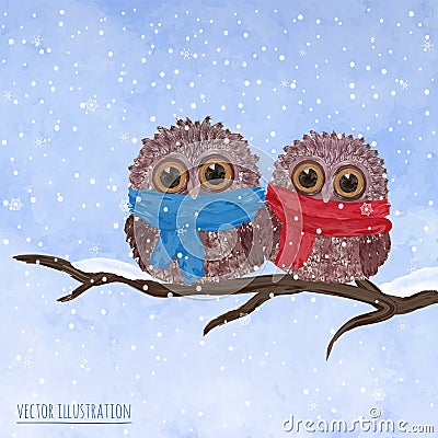 Christmas card with cute owls Vector Illustration