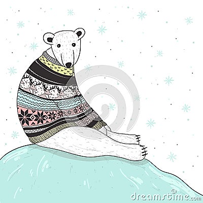 Christmas card with cute polar bear Vector Illustration