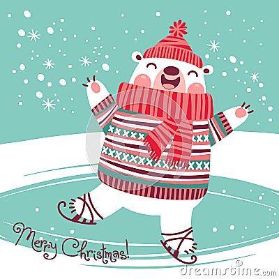 Christmas card with cute polar bear on an ice rink Vector Illustration