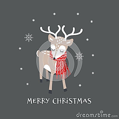 Christmas card with cute reindeer with scarf Vector Illustration