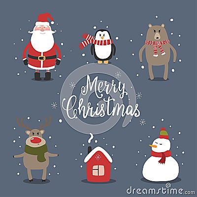 Christmas card with cute Santa, snowman and happy animals. Vector Illustration