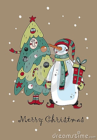 A Christmas card with a cute snowman with gifts and a cheerful Christmas tree. Doodle style. Vector. Vector Illustration