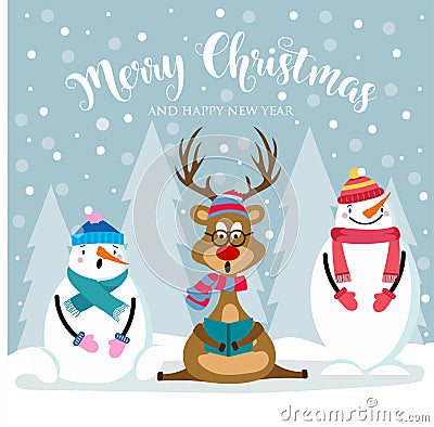 Christmas card with cute snowman, reinder and wishes Vector Illustration