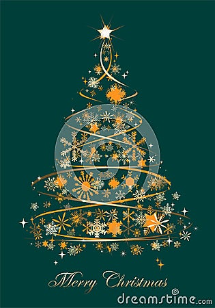 Christmas tree with orange stars and golden snowflakes- vector Stock Photo