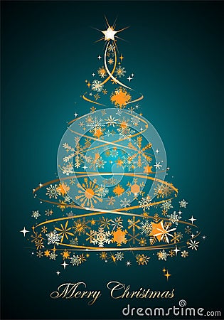 Christmas tree with orange stars and golden snowflakes - vector Stock Photo