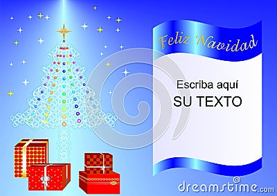 Christmas card decorated with Xmas tree, balls and gift boxes blue esp1a Stock Photo