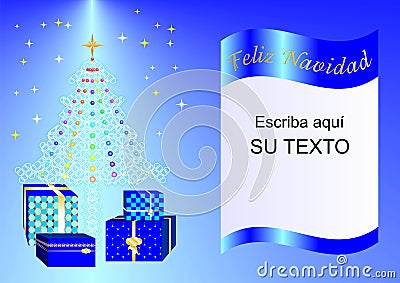 Christmas card decorated with Xmas tree, balls and gift boxes blue esp2a Stock Photo