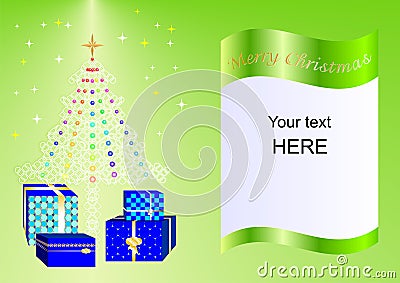 Christmas card decorated with Xmas tree, balls and gift boxes blue esp1 Stock Photo