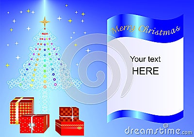 Christmas card decorated with Xmas tree, balls and gift boxes blue ing1a Stock Photo