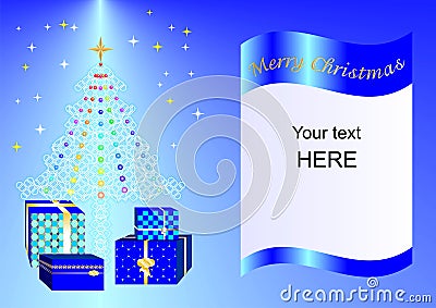 Christmas card decorated with Xmas tree, balls and gift boxes blue ing2a Stock Photo