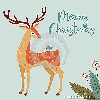 Christmas card with a deer and a bird. Winter vector Illustration. Vector Illustration