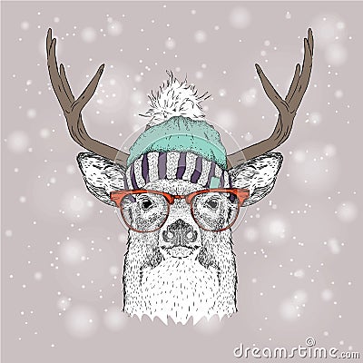 Christmas card with deer in winter hat. Merry Christmas lettering design. Vector illustration Vector Illustration