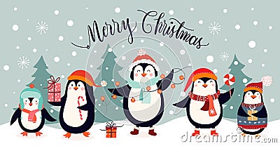 Christmas card design with cute penguins on an winter landscape Vector Illustration