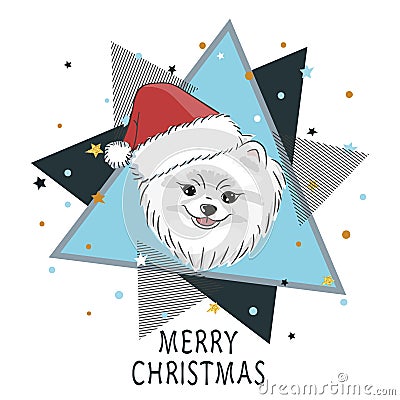Christmas card design with cute pomeranian dog in Santa hat. Vector Illustration