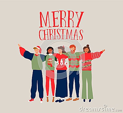 Christmas card of diverse people friend group hug Vector Illustration