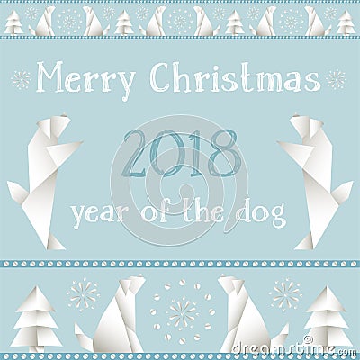 Christmas card with dogs, made in the style of origami. Vector Illustration