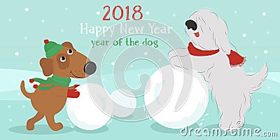 Christmas card. Dogs with snowball. Vector Illustration