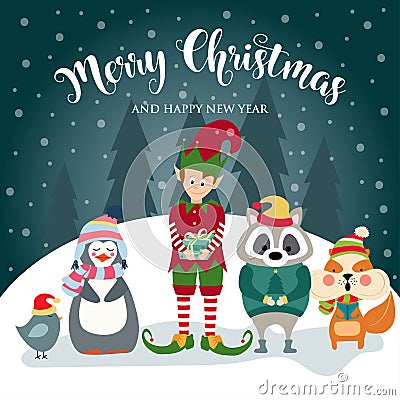 Christmas card with elf and wild animals Vector Illustration