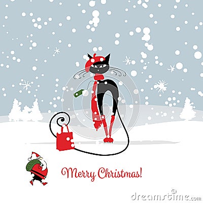 Christmas card with fashion black cat Vector Illustration