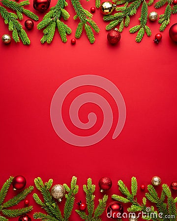 Christmas card with festive decor on red background Stock Photo