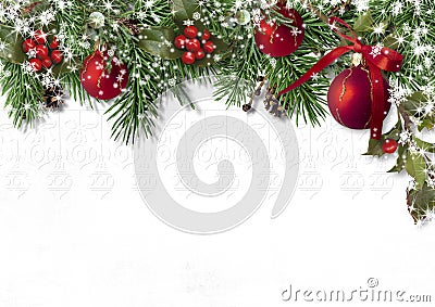 Christmas card with fir branches, balls and holly on a white background Stock Photo