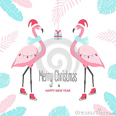 Christmas card with flamingo. Vector Illustration