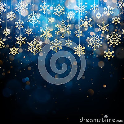 Christmas card with foiled gold snow flake. Golden decoration on blue winter background. EPS 10 Vector Illustration