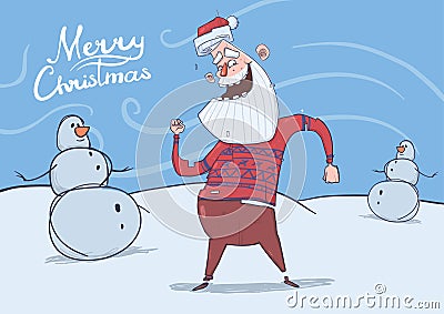 Christmas card of funny smiling Santa Claus in deer sweater dancing next to snowmen in frosty windy weather. Horizontal Vector Illustration