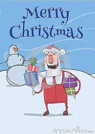 Christmas card of funny smiling Santa Claus. Santa brings presents in colorful boxes past snowman. Frosty windy weather Vector Illustration
