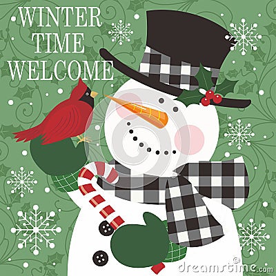 Christmas card design with cute snowman candy cane and red robin Vector Illustration