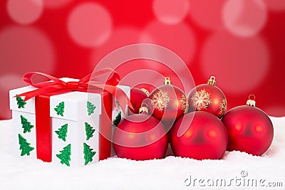 Christmas card gift decoration with gifts and red balls Stock Photo