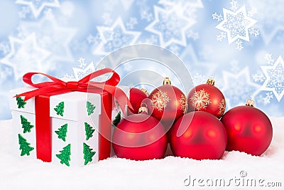 Christmas card gift winter snow decoration gifts and red balls Stock Photo