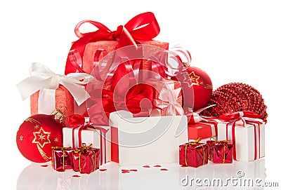 Christmas card with gifts, balls and tinsel isolated on a white Stock Photo