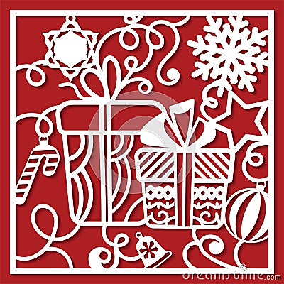 Christmas card with gifts, snowflakes, bell for laser cutting. Laser cutting template.New Year card for plotter cutting, paper cu Vector Illustration