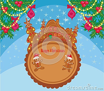 Christmas card with a ginger-bread and funny landscape Vector Illustration