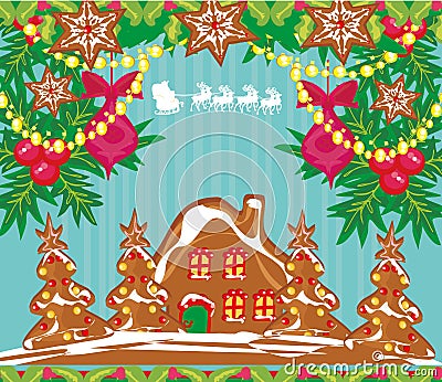 Christmas card with a ginger-bread and Santa Claus flying over c Vector Illustration
