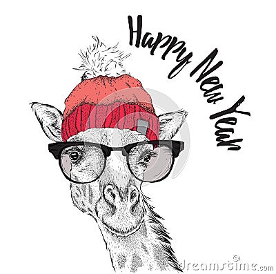 Christmas card with giraffe in winter hat. Merry Christmas lettering design. Vector illustration Vector Illustration