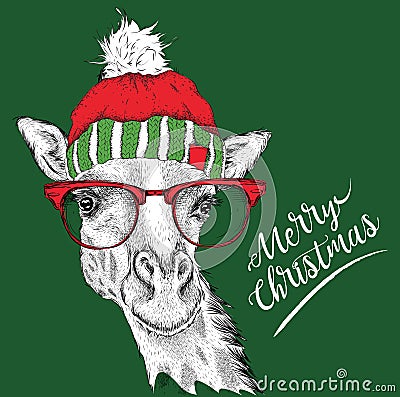 Christmas card with giraffe in winter hat. Merry Christmas lettering design. Vector illustration Vector Illustration