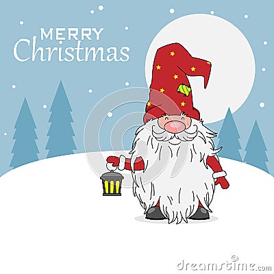 Christmas card. Gnome with a lantern Vector Illustration