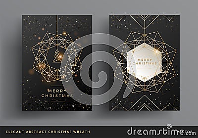 Christmas card gold and black background design. Stylized christmas wreath and christmas tree modern design. Elegant line art Vector Illustration