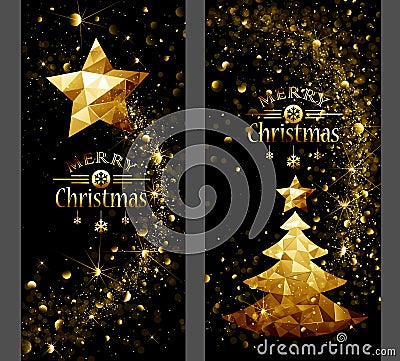 Christmas card with gold star and trees Low Poly Vector Illustration