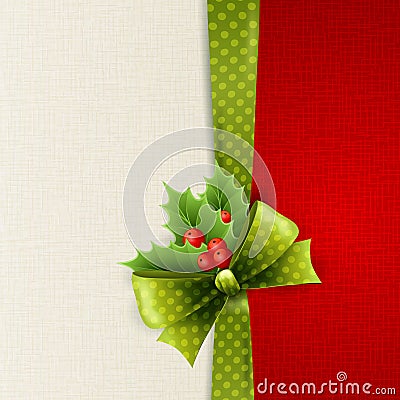 Christmas card with green polka dots bow and holly Vector Illustration