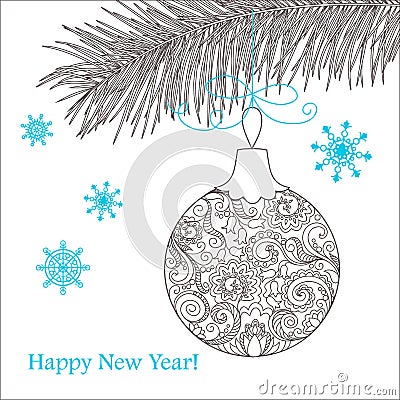 Christmas card with hand drawn decorated ball Vector Illustration