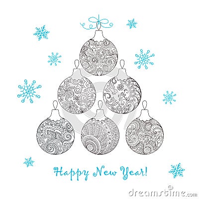 Christmas card with hand drawn decorated balls Vector Illustration