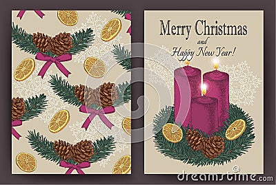 Christmas card with hand drawn fir tree, fir cones, candles. Vector Illustration