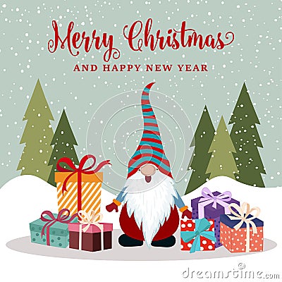Christmas card with happy gnome and presents Vector Illustration